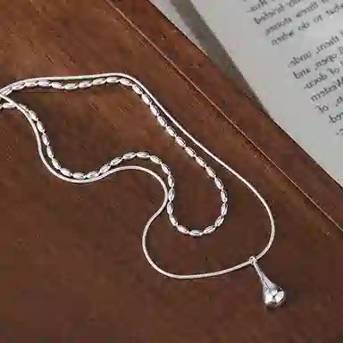 甜酷冷淡风双层链条米粒碎银子水滴可调节设计感锁骨链 优质铜质 时尚项链 女款 闪耀银色饰品