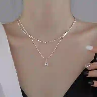 甜酷冷淡风双层链条米粒碎银子水滴可调节设计感锁骨链 优质铜质 时尚项链 女款 闪耀银色饰品