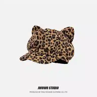 钓鱼熊 美式复古辣妹猫耳豹纹八角帽子春夏遮阳时尚个性百搭鸭舌帽 棉 贝雷帽 女款