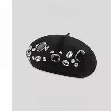 钓鱼熊 重工水钻百搭羊毛呢时尚保暖画家帽百搭显脸小 聚酯纤维 贝雷帽 男女同款情侣款