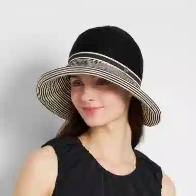 钓鱼熊 韩大檐遮阳帽半蝴蝶结条纹度假渔夫 聚酯纤维 空顶帽 女款