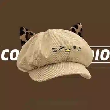 钓鱼熊 可爱猫咪耳朵保暖百搭显脸小 聚酯纤维 贝雷帽 男女同款情侣款