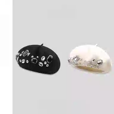 钓鱼熊 重工水钻百搭羊毛呢时尚保暖画家帽百搭显脸小 聚酯纤维 贝雷帽 男女同款情侣款