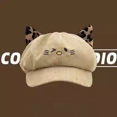 钓鱼熊 可爱猫咪耳朵保暖百搭显脸小 聚酯纤维 贝雷帽 男女同款情侣款