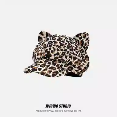 钓鱼熊 美式复古辣妹猫耳豹纹八角帽子春夏遮阳时尚个性百搭鸭舌帽 棉 贝雷帽 女款