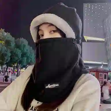 钓鱼熊 可戴头盔冬季围脖一体套头帽加绒骑行帽 棉 斗篷帽 男女同款情侣款