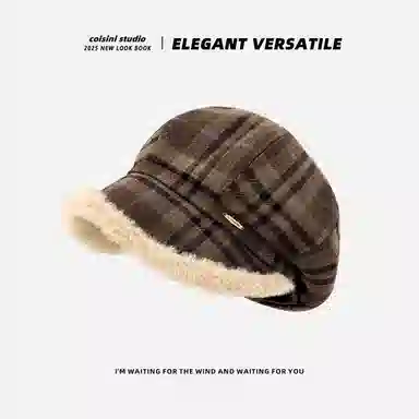 钓鱼熊 英伦复古格纹保暖宽檐显脸小大头围画家帽 毛绒 贝雷帽 男女同款情侣款