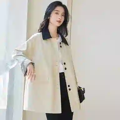 VICTORIA&VERA Spring Minimalist Plaid Trench Coat Beige