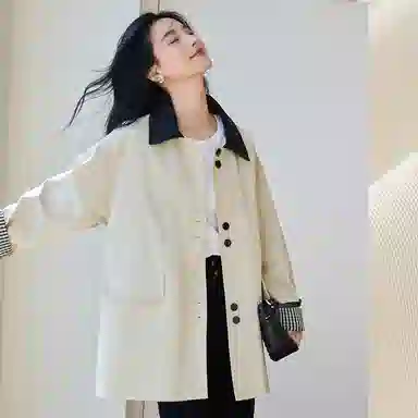 VICTORIA&VERA Spring Minimalist Plaid Trench Coat Beige