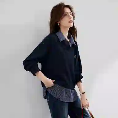 VICTORIA&VERA Plaid Shirt Collar Sweatshirt