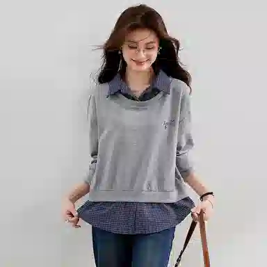 VICTORIA&VERA Plaid Shirt Collar Sweatshirt