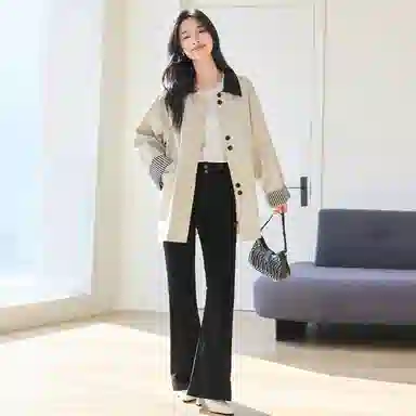 VICTORIA&VERA Spring Minimalist Plaid Trench Coat Beige