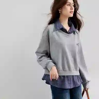 VICTORIA&VERA Plaid Shirt Collar Sweatshirt