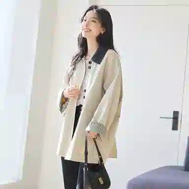 VICTORIA&VERA Spring Minimalist Plaid Trench Coat Beige