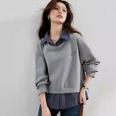 VICTORIA&VERA Plaid Shirt Collar Sweatshirt