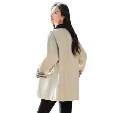 VICTORIA&VERA Spring Minimalist Plaid Trench Coat Beige