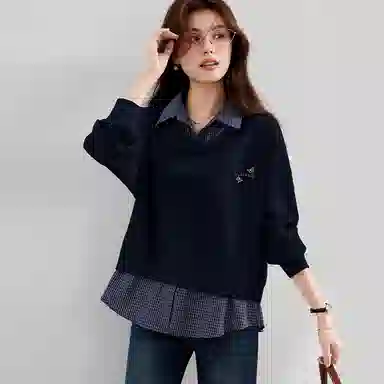 VICTORIA&VERA Plaid Shirt Collar Sweatshirt