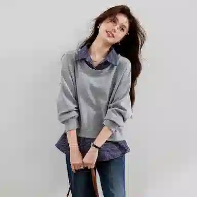 VICTORIA&VERA Plaid Shirt Collar Sweatshirt