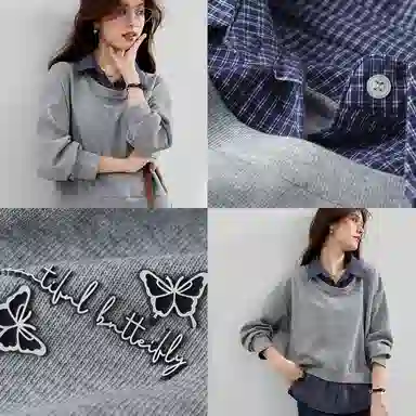 VICTORIA&VERA Plaid Shirt Collar Sweatshirt