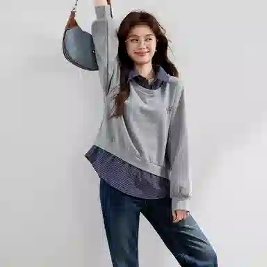 VICTORIA&VERA Plaid Shirt Collar Sweatshirt