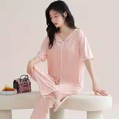 芬腾可安 细腻气质家居服带胸垫一体式短袖长裤甜美舒适柔软亲肤大学生宿舍外出都可穿睡衣套装 女款