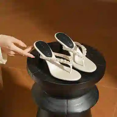 浪莎 时尚气质 珍珠高跟百搭人字拖鞋 女