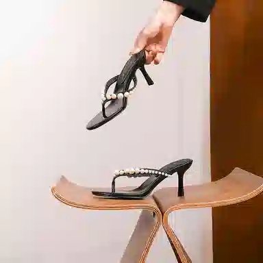 浪莎 时尚气质 珍珠高跟百搭人字拖鞋 女