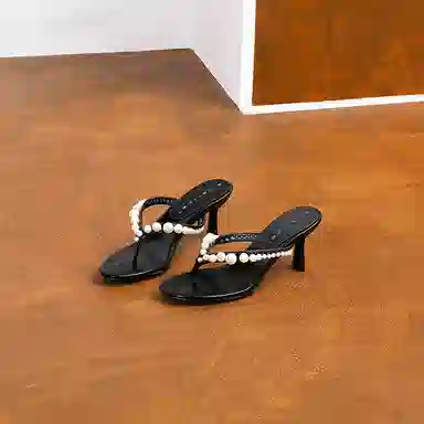 浪莎 时尚气质 珍珠高跟百搭人字拖鞋 女