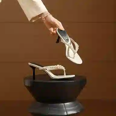 浪莎 时尚气质 珍珠高跟百搭人字拖鞋 女