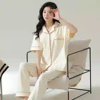 品彩 薄款纯棉可外穿短袖长裤夏季睡衣套装 女款