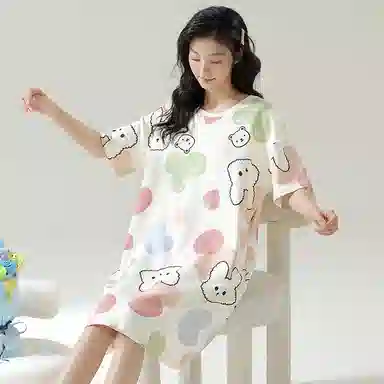 品彩 薄款纯棉套头短袖睡衣睡裙 女款