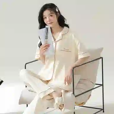 品彩 薄款纯棉可外穿短袖长裤夏季睡衣套装 女款