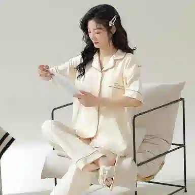 品彩 薄款纯棉可外穿短袖长裤夏季睡衣套装 女款