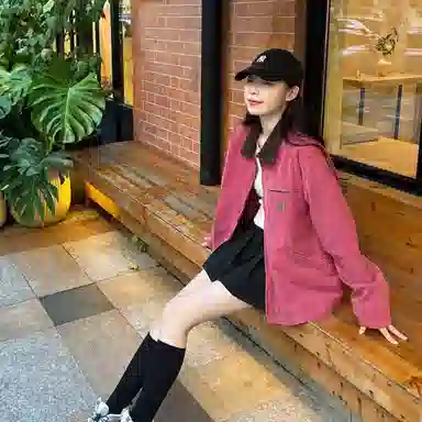 桴生 日系工装时尚底特律复古水洗纯色翻领宽松百搭拉链长袖夹克外套 女款