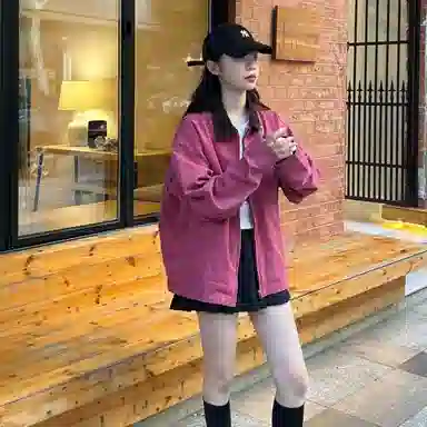 桴生 日系工装时尚底特律复古水洗纯色翻领宽松百搭拉链长袖夹克外套 女款