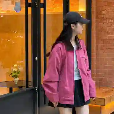 桴生 日系工装时尚底特律复古水洗纯色翻领宽松百搭拉链长袖夹克外套 女款