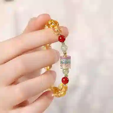 蔻斯琦 【平安顺遂转经筒】新中式五条经串珠文玩盘玩盘串 国风暴富招财转运珠增强运势 好运 黄水晶 手串 女款