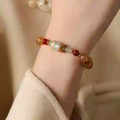 蔻斯琦 【平安顺遂转经筒】新中式五条经串珠文玩盘玩盘串 国风暴富招财转运珠增强运势 好运 黄水晶 手串 女款