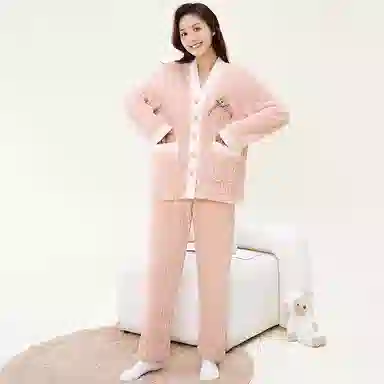 芬腾 家居套装简约舒适 长袖长裤保暖开衫晚秋款冬季睡衣 女士 浅兰/浅粉