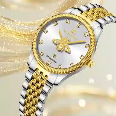 梦特娇 时尚简约气质百搭 石英机芯 精钢表带 国表 女表 金色表盘 夜光防水