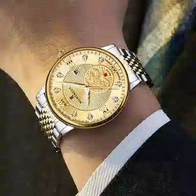 梦特娇 双龙戏珠系列 时尚上班族通勤商务百搭日期显示高级腕表罗马数字 自动机械机芯 精钢表带 国表 男表 白色表盘 学生党运动防水夜光