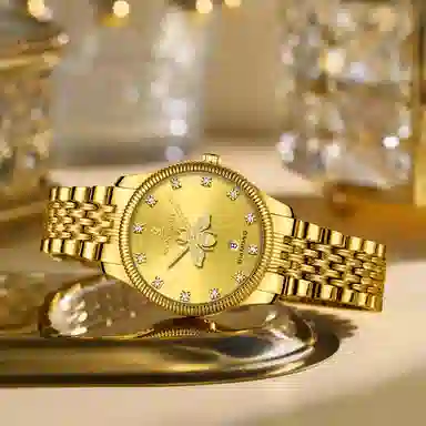 梦特娇 时尚日期显示潮流 石英机芯 精钢表带 国表 男表 金色表盘 夜光防水