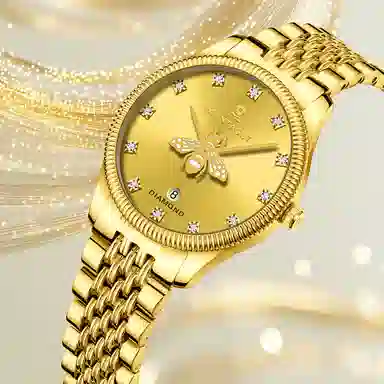 梦特娇 时尚日期显示潮流 石英机芯 精钢表带 国表 男表 金色表盘 夜光防水