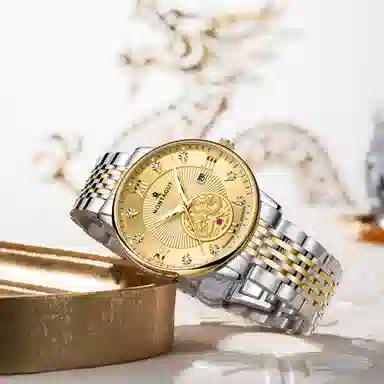 梦特娇 双龙戏珠系列 时尚上班族通勤商务百搭日期显示高级腕表罗马数字 自动机械机芯 精钢表带 国表 男表 白色表盘 学生党运动防水夜光