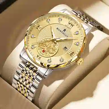 梦特娇 双龙戏珠系列 时尚上班族通勤商务百搭日期显示高级腕表罗马数字 自动机械机芯 精钢表带 国表 男表 白色表盘 学生党运动防水夜光