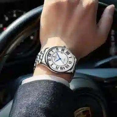 梦特娇 职场商务潮流时尚日常通勤百搭休闲 自动机械机芯 精钢表带 国表 男表 白色表盘