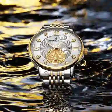 梦特娇 双龙戏珠系列 时尚上班族通勤商务百搭日期显示高级腕表罗马数字 自动机械机芯 精钢表带 国表 男表 白色表盘 学生党运动防水夜光