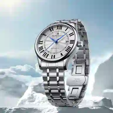 梦特娇 职场商务潮流时尚日常通勤百搭休闲 自动机械机芯 精钢表带 国表 男表 白色表盘