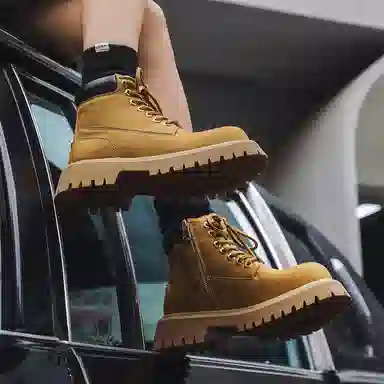 马丁靴男女同款情侣短靴 增高大黄靴 英伦风侧拉链户外登山工装靴