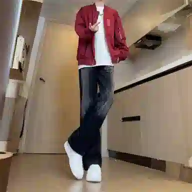 悍戈 美式高街复古百搭做旧水洗闪电纹弯刀裤牛仔裤 男女同款